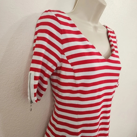 BANANA REPUBLIC Striped Zipped Back Ponte V Neck Dress Red White Size 4 - Picture 4 of 12